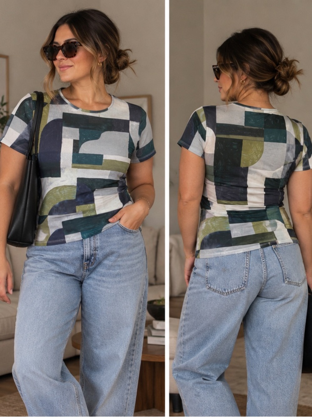 Miaou Abstract Geometric Print Tee | Olive Navy Teal | XL